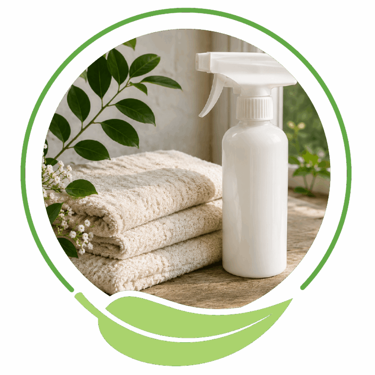 Spray bottle beside folded beige towels on a wooden surface with greenery in the background; framed by a green circular eco logo.