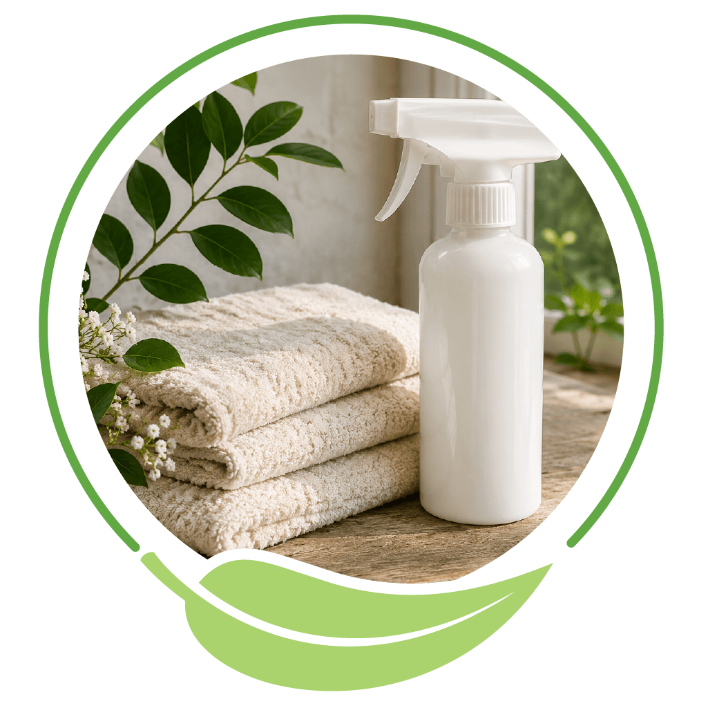 Spray bottle beside folded beige towels on a wooden surface with greenery in the background; framed by a green circular eco logo.