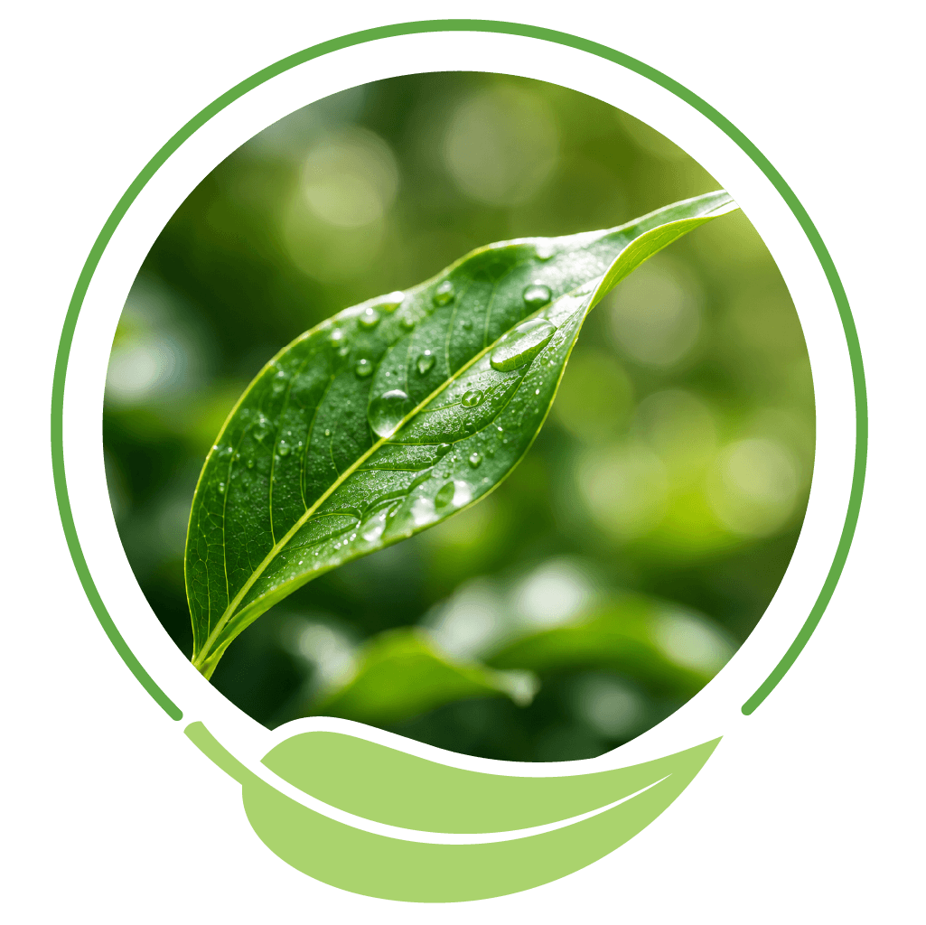 Close-up of a glossy green leaf with water droplets, framed by a circular green eco-logo border.