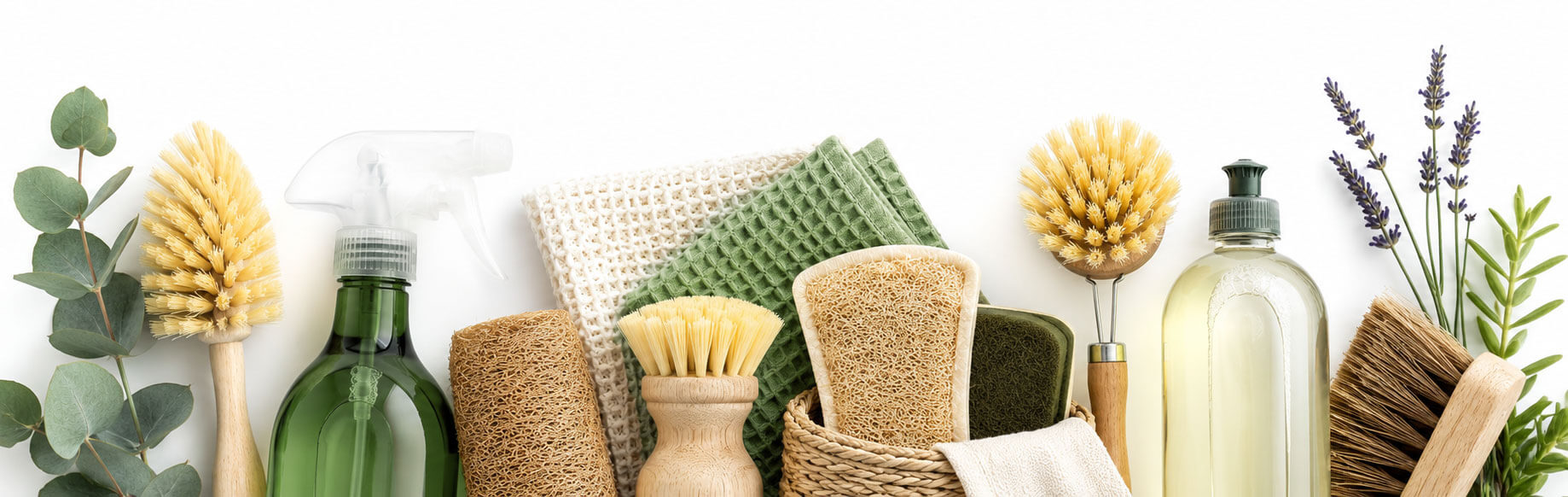 Assortment of eco-friendly cleaning tools: brushes, sponges, spray bottle, towels, and leafy greenery.