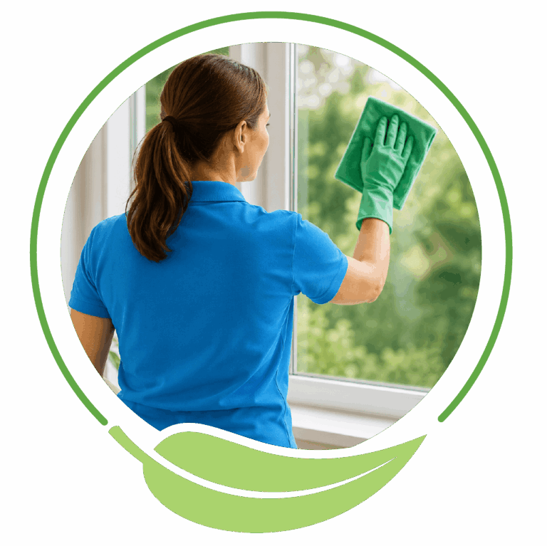 Person standing by a window, wiping the glass with a green microfiber cloth while wearing a blue shirt and green gloves (indoor cleaning task).