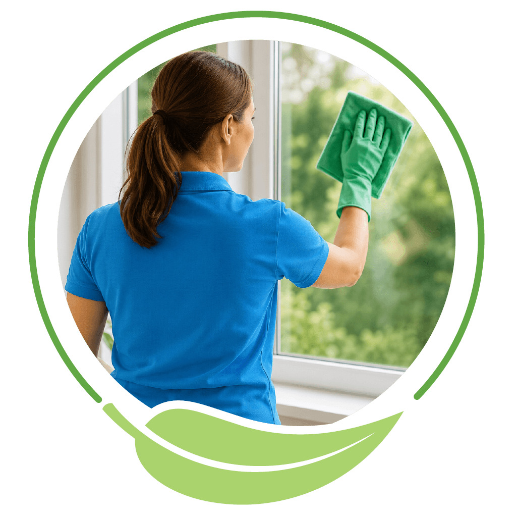 Person standing by a window, wiping the glass with a green microfiber cloth while wearing a blue shirt and green gloves (indoor cleaning task).